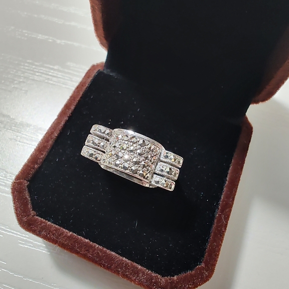 Art Deco German 935 Silver Marcasite Cocktail Ring Size 7 - Picture 4 of 17